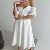 French Bubble Wrinkle Square Collar Slimming Puff Sleeve A line Dress Arrival